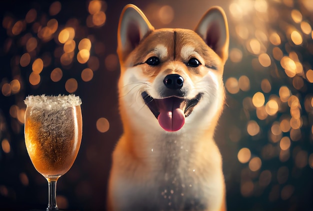 Happy Shiba Inu dog with toasted wine glass in party and golden bokeh light background Animal and pet concept Digital art illustration Generative AI