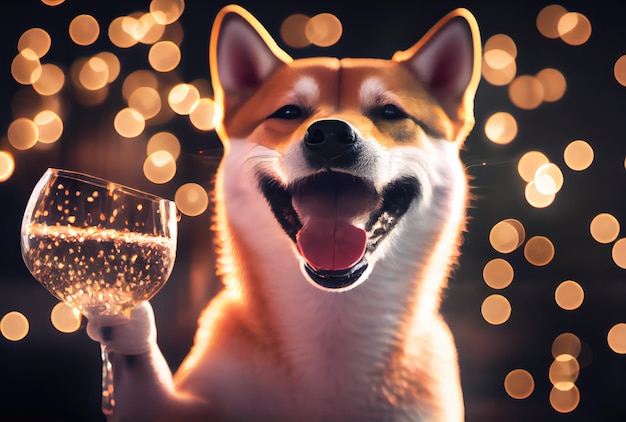 Photo happy shiba inu dog with toasted wine glass in party and golden bokeh light background animal and pet concept digital art illustration generative ai