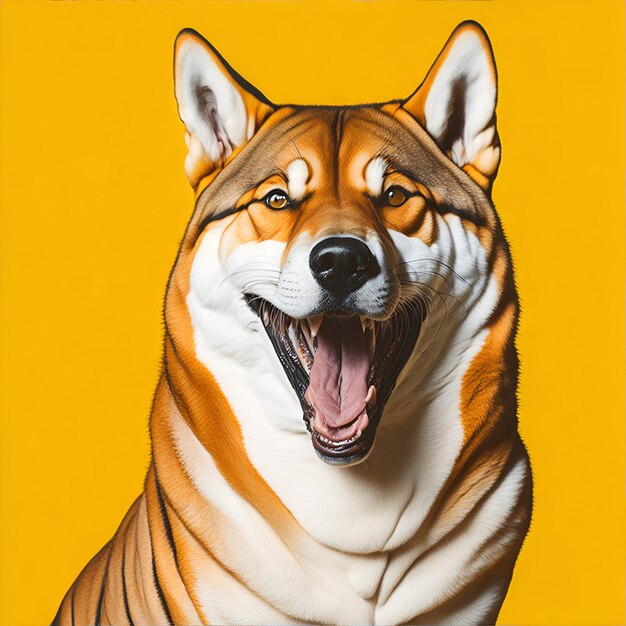 Happy shiba inu dog on yellow Redhaired Japanese dog smile portrait Ai Generated