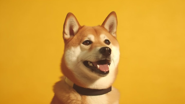 Happy shiba inu dog on yellow redhaired japanese dog smile portrait