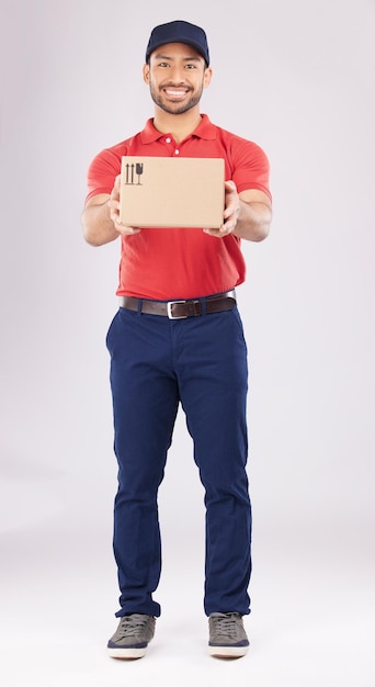 Happy shipping box or portrait of delivery guy in studio with courier service supply chain package or smile Full body white background or man with distribution online shopping or mail services