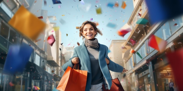 A happy shopper carrying multiple shopping bags filled with Black Friday bargains