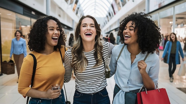 Happy shoppers laughing carefree in a shopping mall