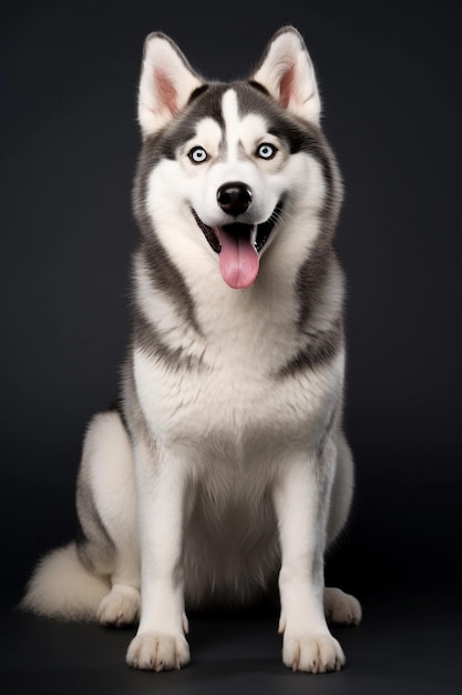 Счастливая собака сибирского хаски, вид спереди на черном фоне