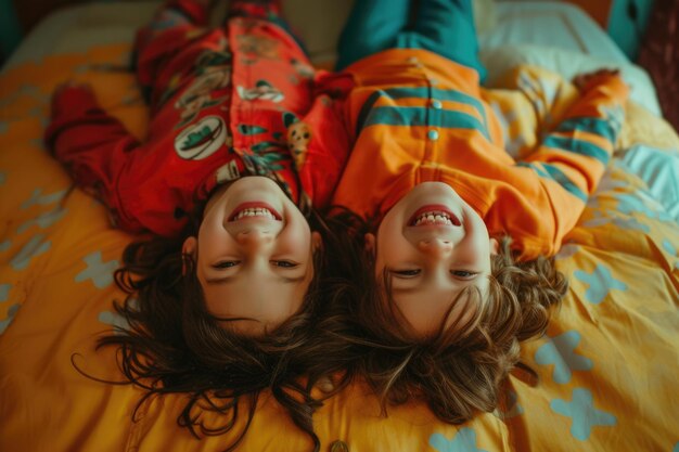 Photo happy siblings laughing and playing on bed