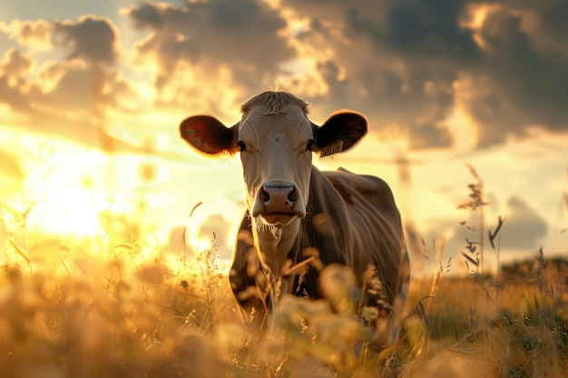 Happy single cow on a meadow during sunset in summer