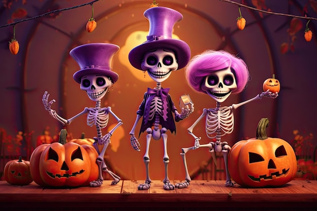 Счастливые скелеты с тыквами Концепция Хэллоуина Генерируется AI