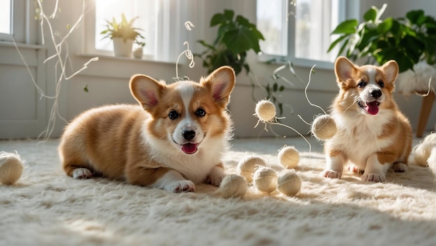 Photo happy sleepy corgi puppy plays with beautiful balls and skeins of thread the dog looks at the camera