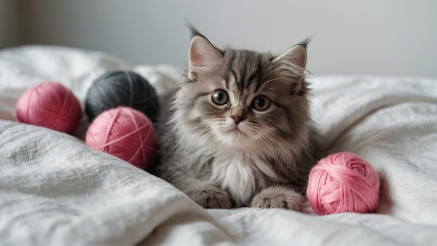 행복한 잠자는 비 털이 많은 페르시아 고양이가 아름다운 공과 가닥을 가지고 놀고 있습니다.