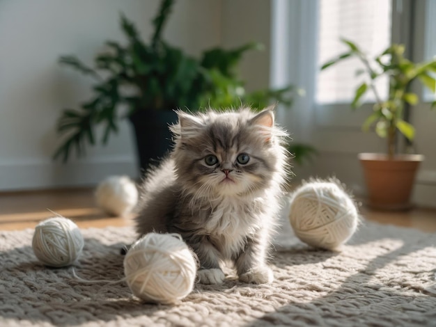 Happy sleepy tabby fluffy Persian cat plays with beautiful balls skeins of thread