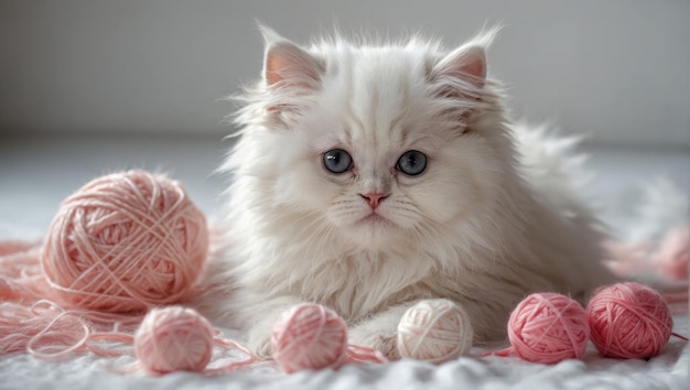 Photo happy sleepy tabby fluffy persian cat plays with beautiful balls skeins of thread