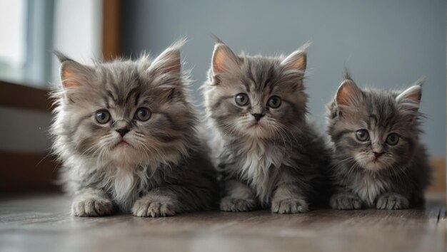 Happy sleepy tabby fluffy Persian kitten The kitten looks at the camera