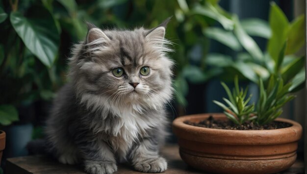 ハッピー・スリーピー・タビー・フーフィー・ペルシャの小さな子猫 緑の植物の近くに座っている子猫は