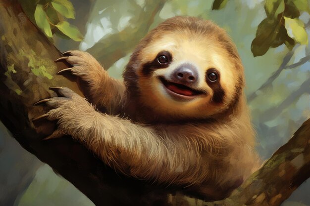 Happy sloth hanging on the tree A slowmoving sloth hangs from a verdant branch