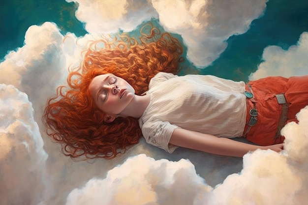 Photo happy slumber woman rest on peaceful serene and calm cloud in the relaxing sky