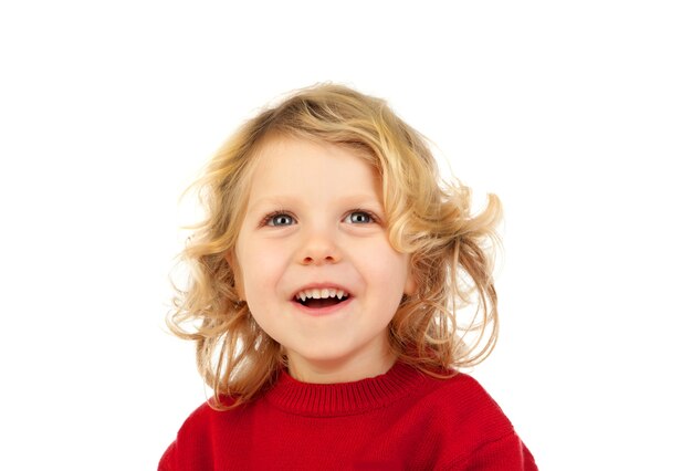 Photo happy small blond child whith red jersey