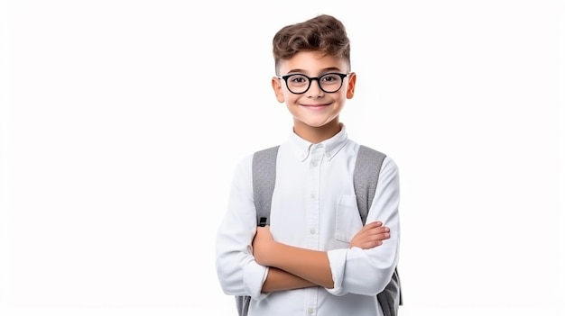 happy smart small student boy with bag on white isolated background