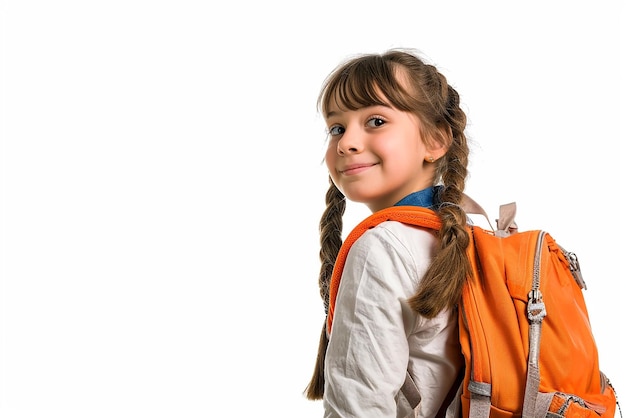 happy smart small student girl with book and bag on white isolated background