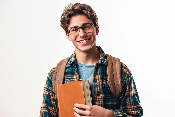 happy smart student boy with bag on white isolated background