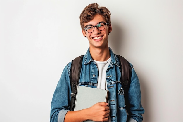 孤立した白地にバッグを持つ幸せなスマート学生少年