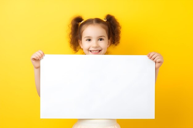 Happy smile children witj empty big board for your text isolated over yellow background concept ai