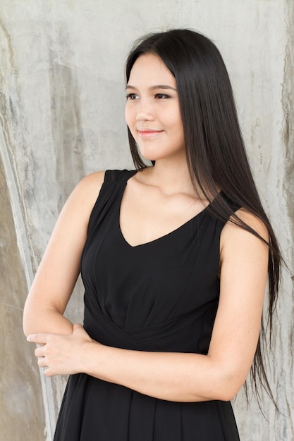 Happy smile confident positive woman in black dress