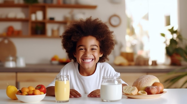 Happy smile kid at table in kitchen with healthy breakfast in morning