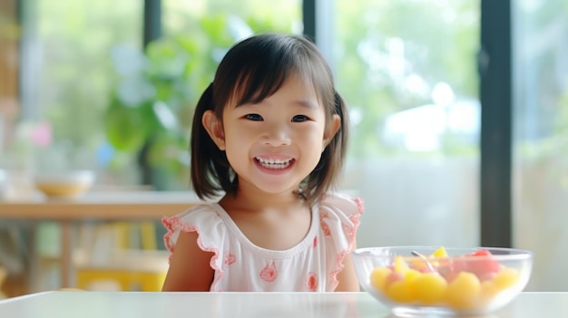 幸せな笑顔の子供が朝に健康的な朝食をとってキッチンのテーブルにいます