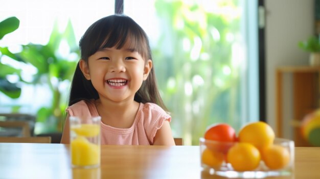 幸せな笑顔の子供が朝に健康的な朝食をとってキッチンのテーブルにいます