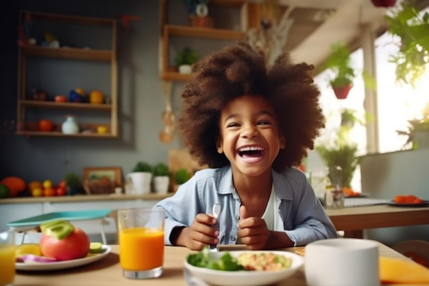 Happy smile kid at table in kitchen with healthy breakfast in morning