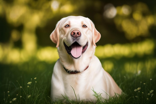 日当たりの良い夏の日に芝生公園で屋外で幸せと笑顔のラブラドール ゴールデン レトリーバー犬。