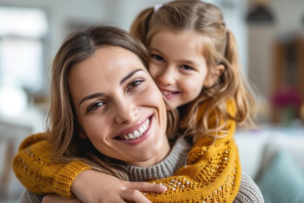 Foto sorriso felice madre abbracciando la ragazza sulla spalla a casa