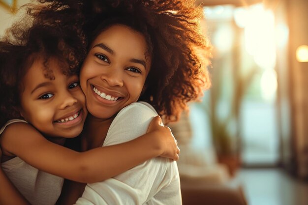 Happy smile mother embracing girl on shoulder at home