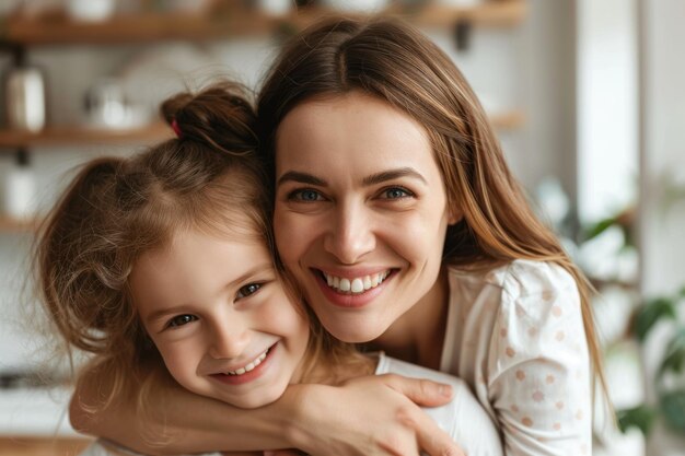 Happy smile mother embracing girl on shoulder at home