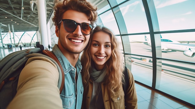 happy smile young woman and boy friend selfy with travel bag in airport