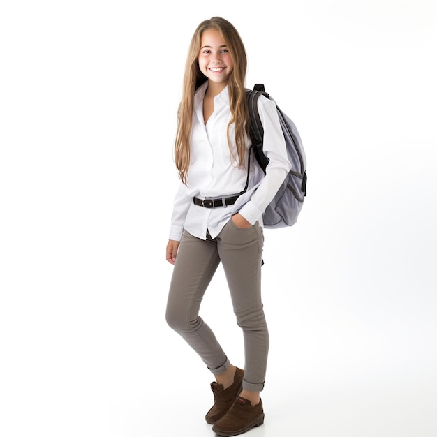 A happy smiling 15 yr old girl standing in private school clothes with backpack white background