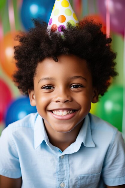 幸せで微笑むアフリカ系アメリカ人の少年が 誕生日を明るく鮮やかな色で祝います