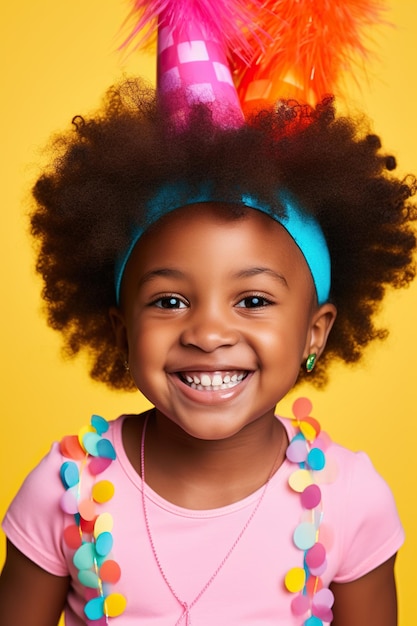 행복하고 미소 짓는 아프리카계 미국인 어린 소녀는 그의 생일을 축하합니다 생생하고 활기찬 색상