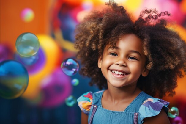 happy smiling african american child girl on colorful background with rainbow soap balloon with gradient