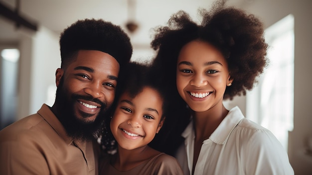 Foto famiglia afroamericana felice e sorridente con i bambini che posano insieme a casa nel soggiorno