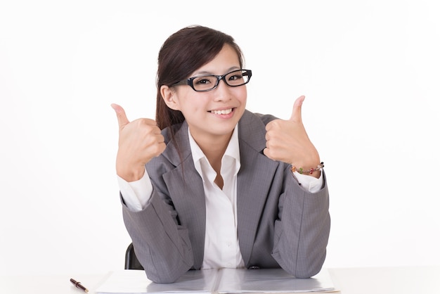 Happy smiling Asian business woman give you an excellent sign, closeup portrait on white background.