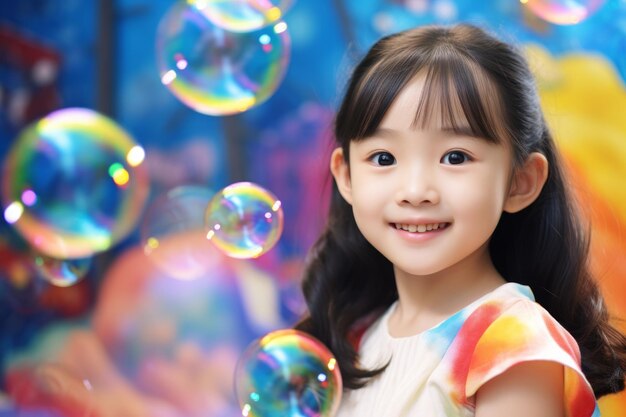 happy smiling asian child girl on colorful background with rainbow soap balloon with gradient