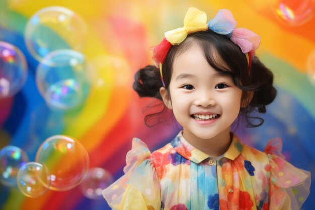 虹色の背景に笑顔を浮かべるアジアの女の子グラデーションのあるレインボーソープバルーン