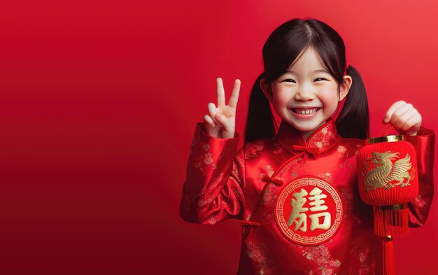 Happy smiling asian kid child girl celebrating chinese new year with traditional costume on a sol