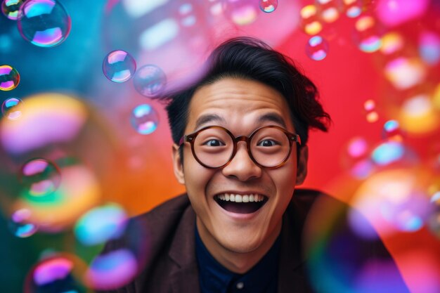 happy smiling asian man on colorful background with rainbow soap balloon with gradient