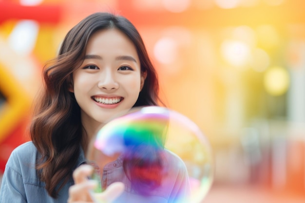 Foto donna asiatica sorridente felice su uno sfondo colorato con un palloncino di sapone arcobaleno con gradiente