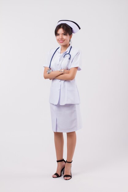 Happy smiling asian woman nurse with stethoscope