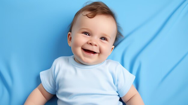 Happy smiling baby lies on the bed created with Generative Al technology