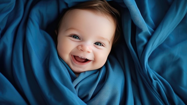 幸せな笑顔の赤ちゃんがジェネレーティブAI技術で作られたベッドに横たわっています
