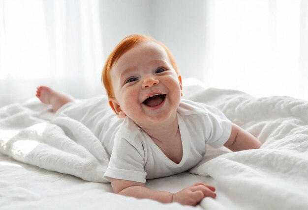 A happy smiling baby with blonde hair lying on a white blanket